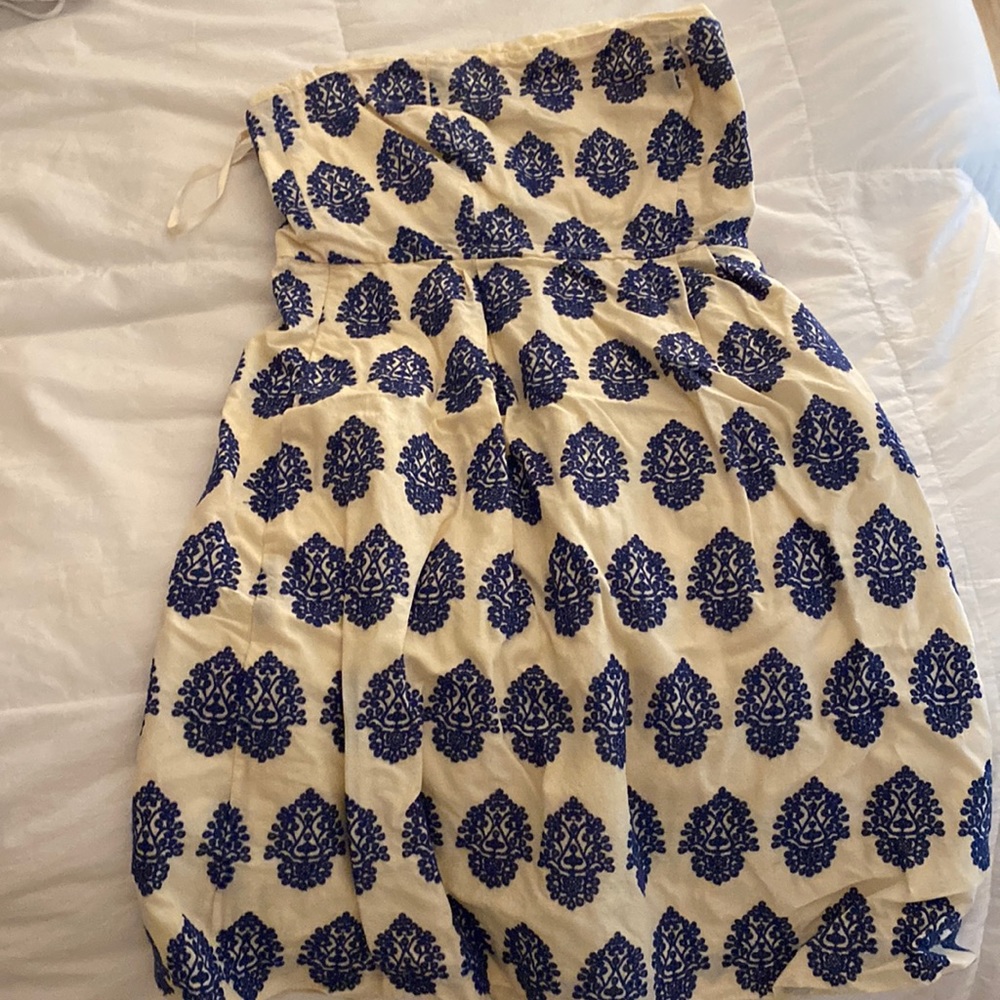 J crew strapless embroidered royal blue pastel yellow mini dress